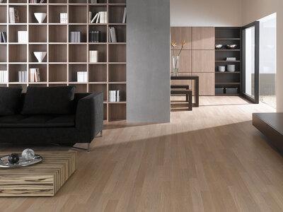 Offene Wohnraumimpression mit Einbauregal in Trennwand Offene Wohnraumimpression mit Einbauregal für Bücher und Dekoration in Trennwand mit hellem Holzboden